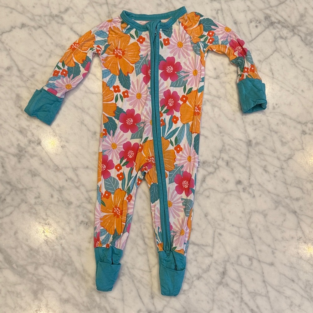 Little Sleepies Floral Print Kids One-Piece Footed Pajama - Teal Trim